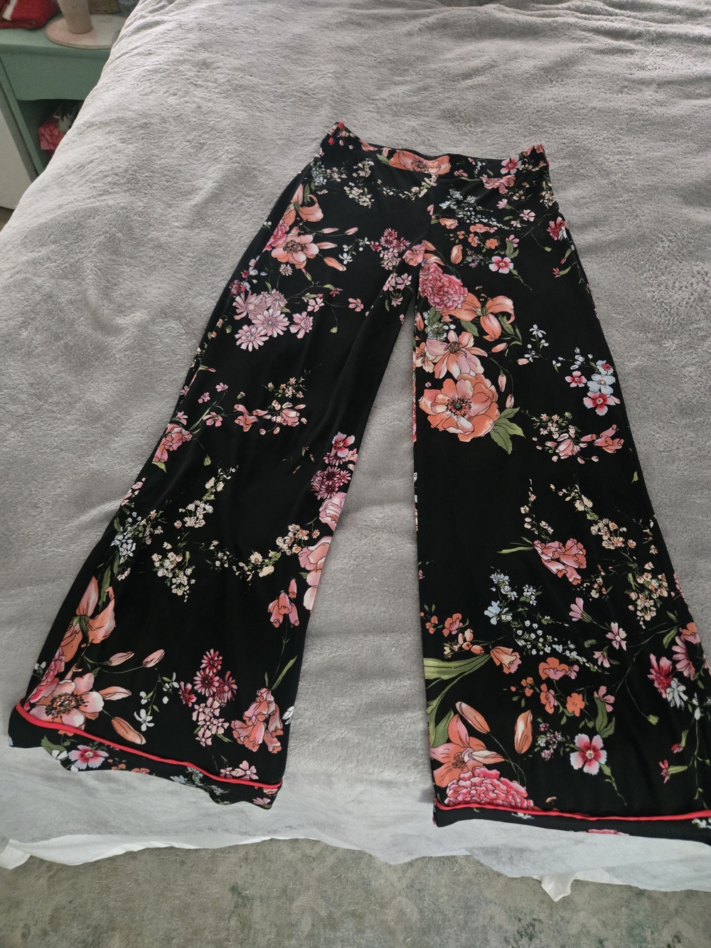 Monteau Black Wide-Leg Pants with Pink & Coral Floral Print